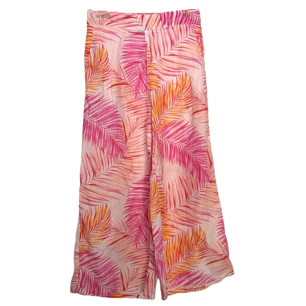 Tahari Size Small Pink/Orange Tropical Print Pullon Flat Front Linen Crop Pants - Picture 2 of 6
